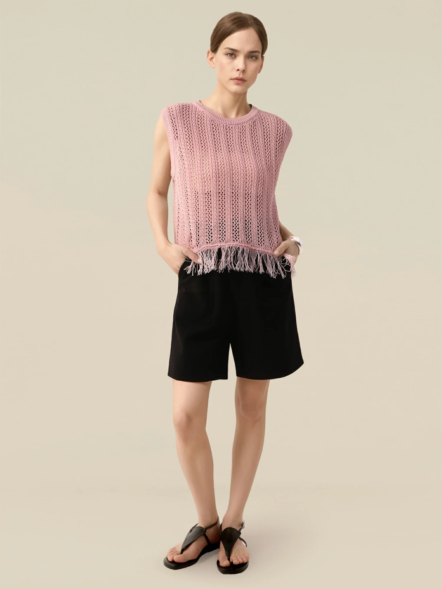 Lyocell & Silk Round Neck Sleeveless Fringe Vest