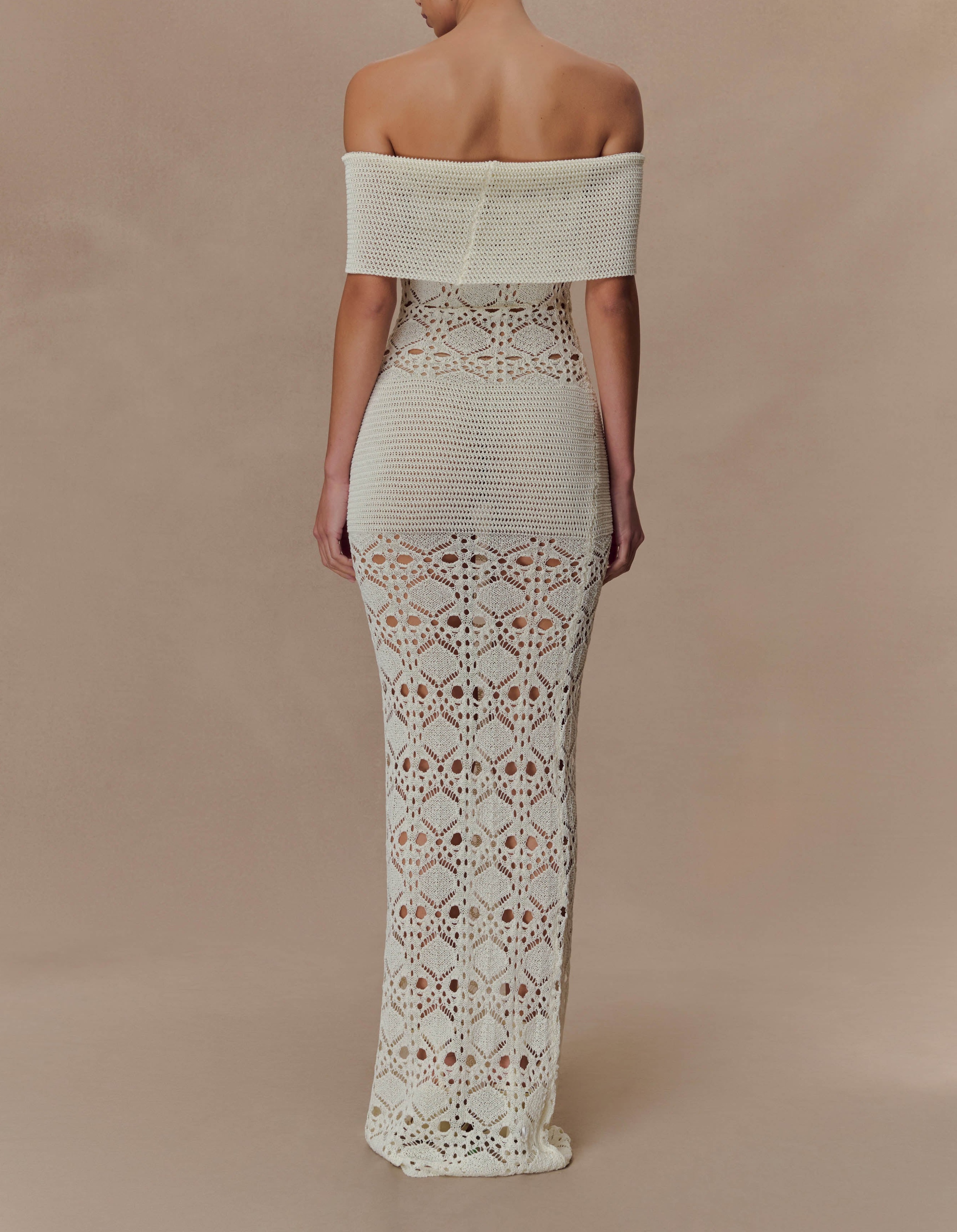 Ivory Off Shoulder Crochet Knit Maxi Dress