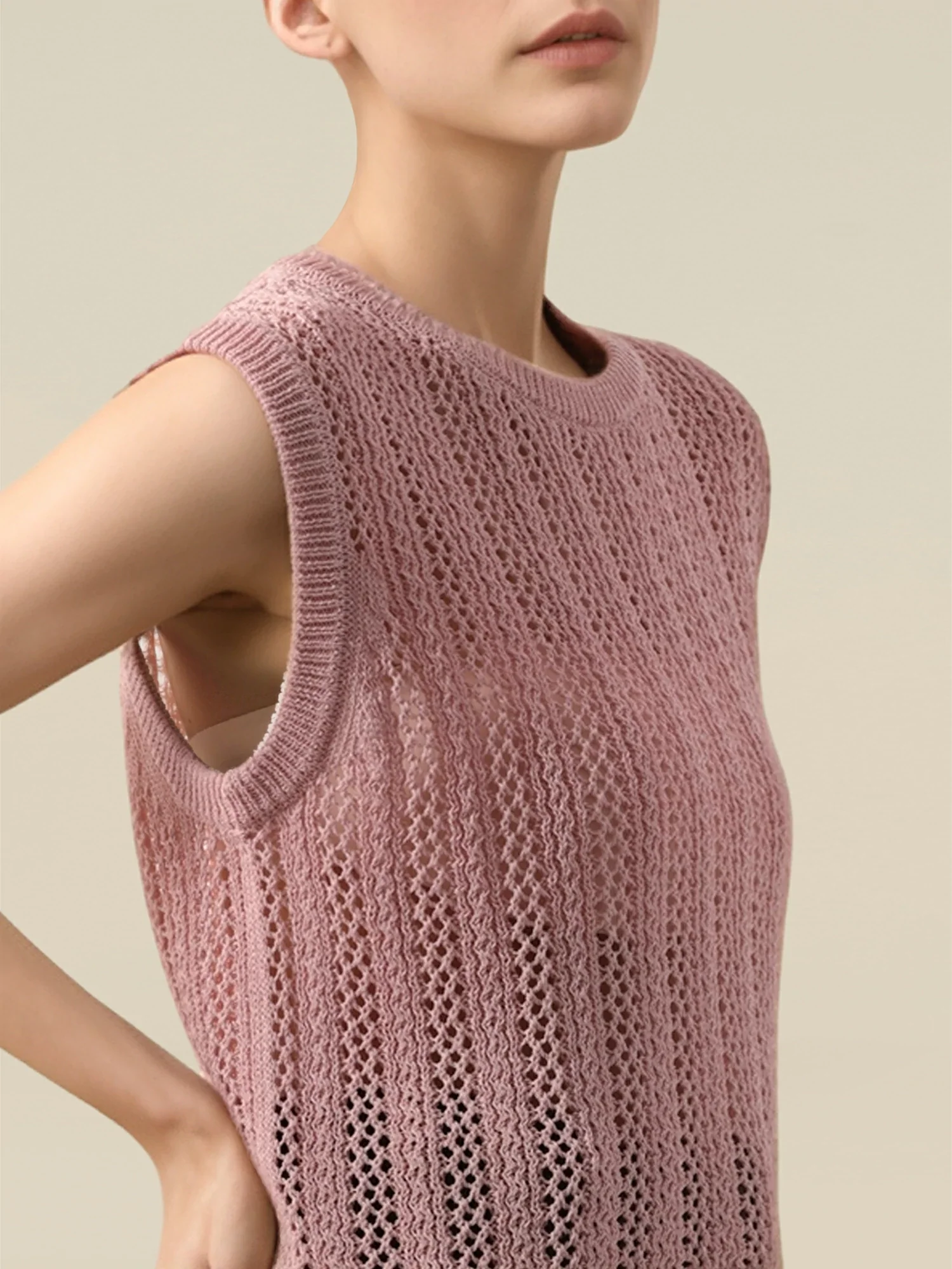 Lyocell & Silk Round Neck Sleeveless Fringe Vest