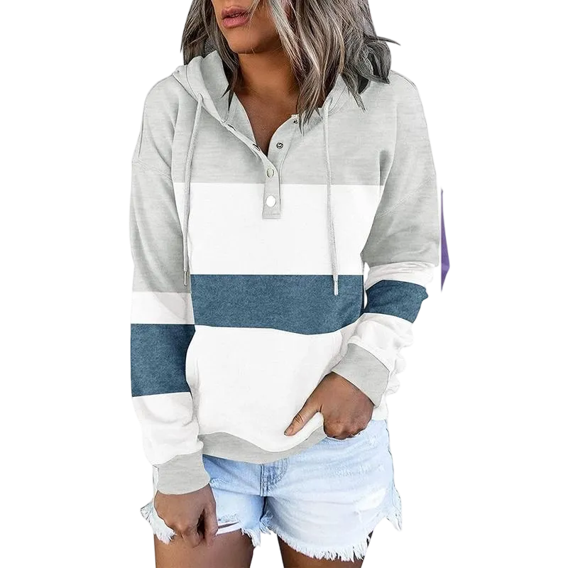 Womens Hooded Button Collar Drawstring Hoodies Pullover Sweatshirts