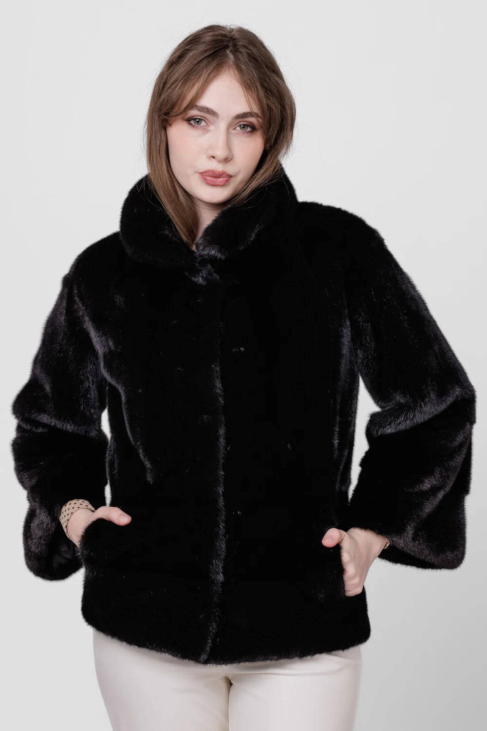 Haină din Blană Naturală de Vizon, Mânecă Clopot, Femei, Diamond 226