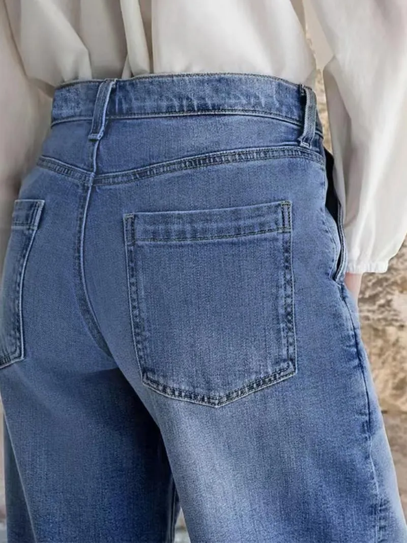 Women's Denim Wide Leg Pants with Pocket Patches, Casual Loose Fit Jeans for Daily Wear
