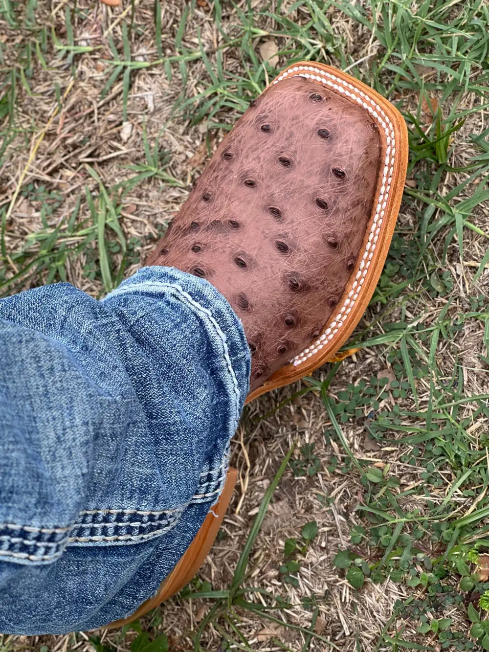 Men’s Brown Genuine Ostrich Boots With Blue Shaft