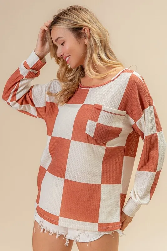Checker Printed Hacci Top With Front Pocket