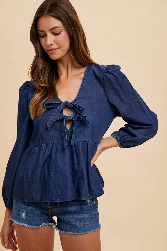 Wear Tie Front Peplum Long Sleeve Denim Top