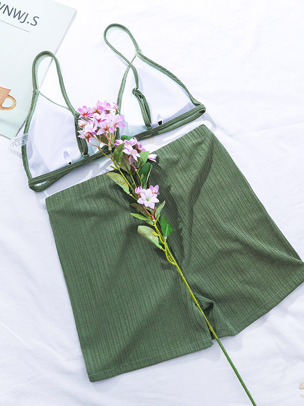 Solid Color Triangle High-Waisted Shorts Sexy Bikini Swimsuit