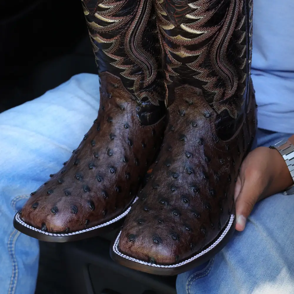 Men’s Chocolate Ostrich Leather Boots — Square Toe