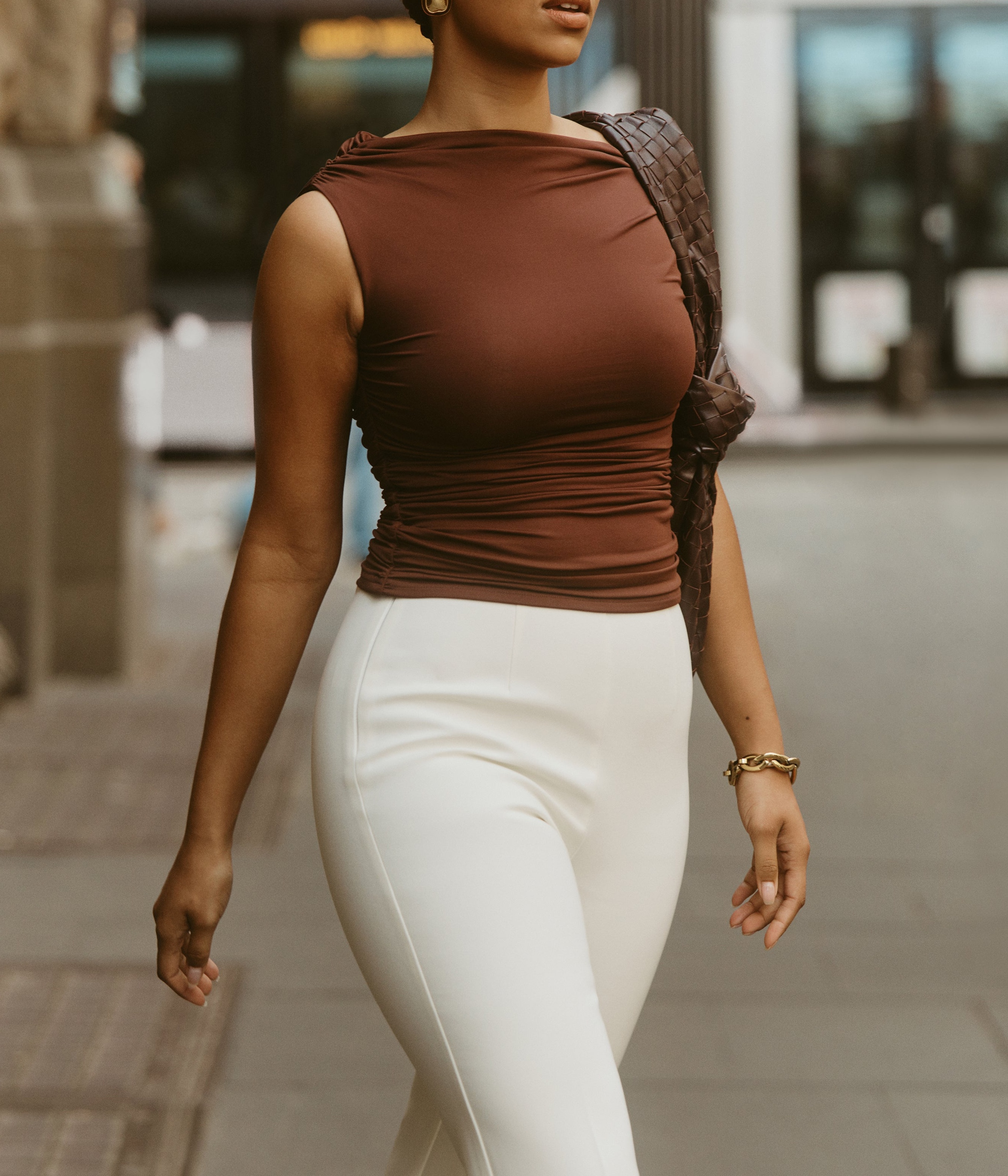 Chocolate Recycled Nylon Ruched Top