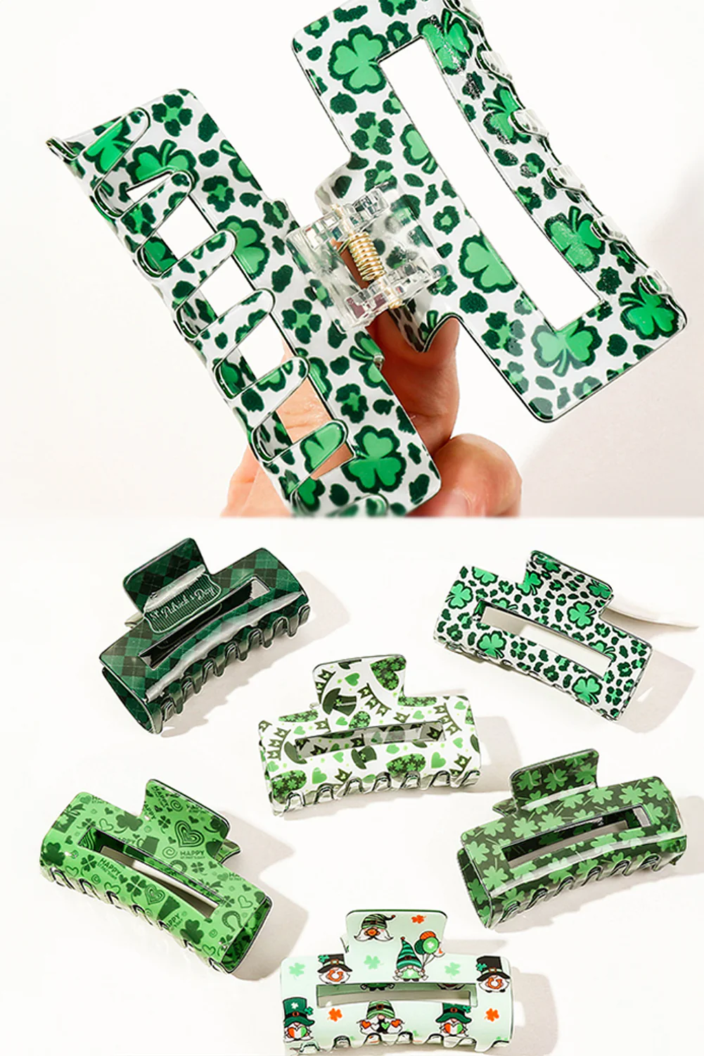 Grass Green St Patricks Clover Print Hollow Out Square Hair Clip