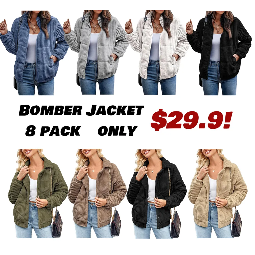 Women's Bomber Jacket Corduroy Ribbed Quilted Zip Up Long Sleeve Winter Coat Fall Outerwear Tops with Pockets