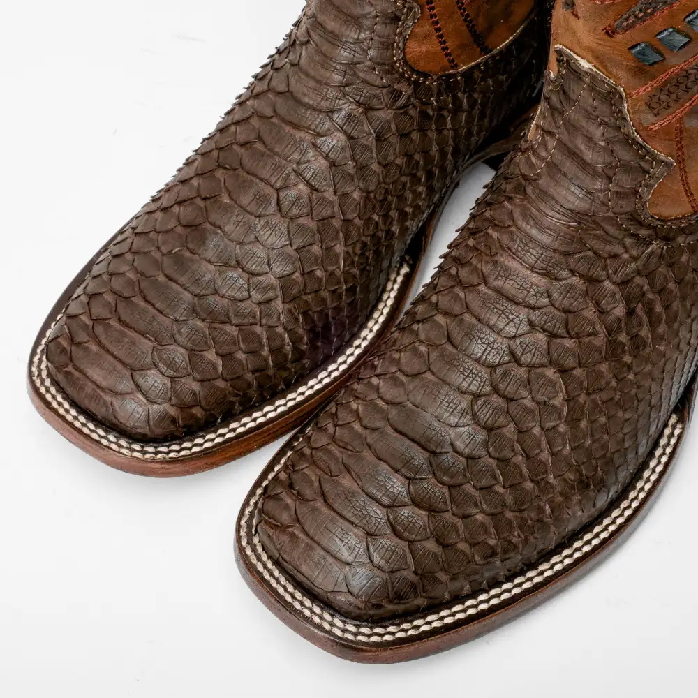 Matte Brown Genuine Python Boots - Square Toe