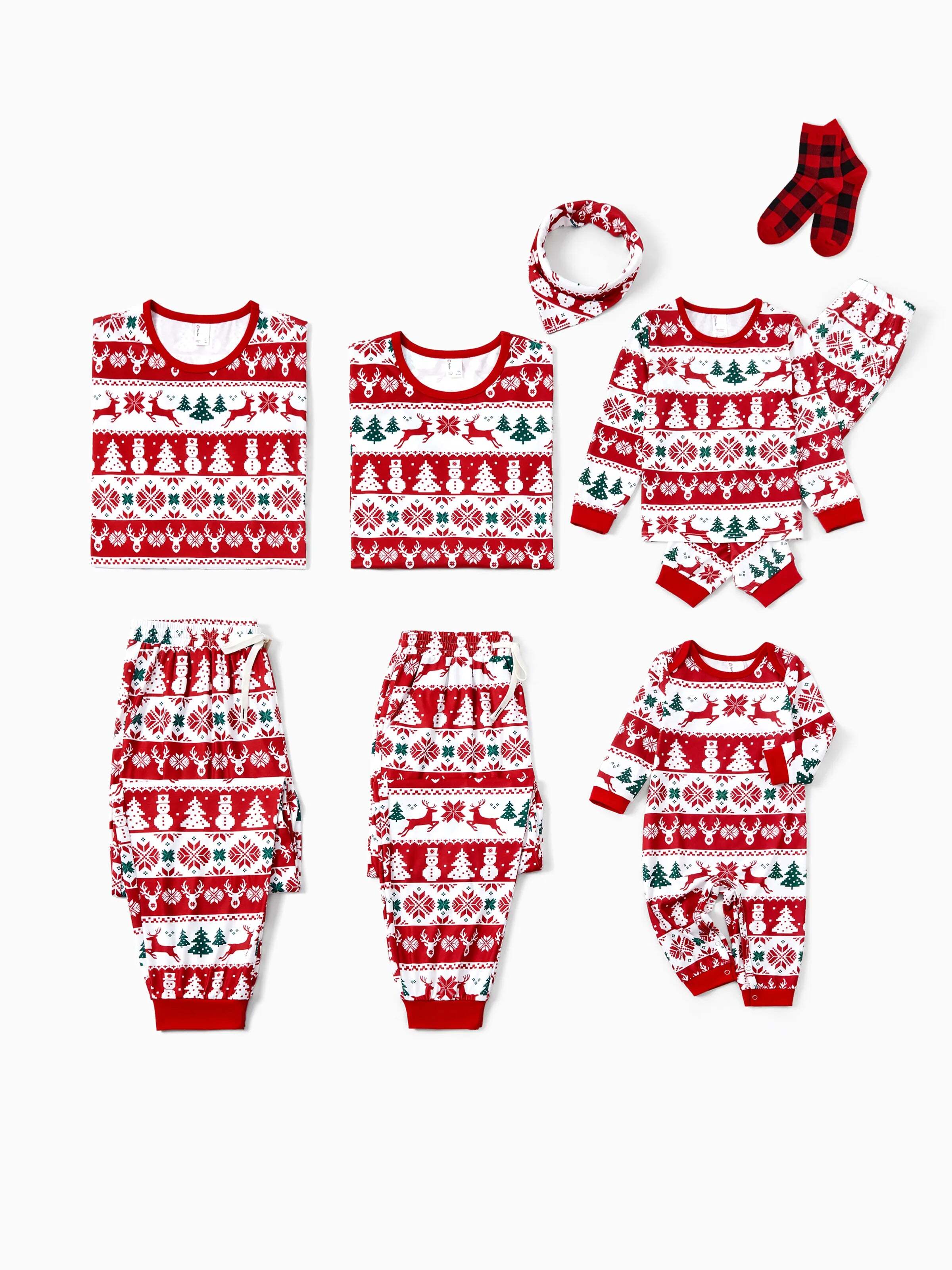 Christmas Matching Family Pajamas Set Reindeer and Snowman Print Red Long-sleeve PJS with Christmas Socks Red