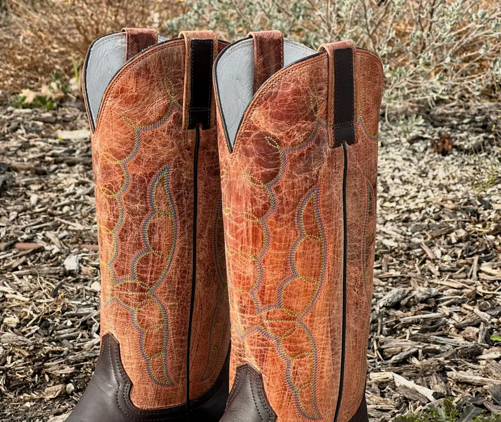 Mens Brown Pull Leather Boots With Orange Shaft