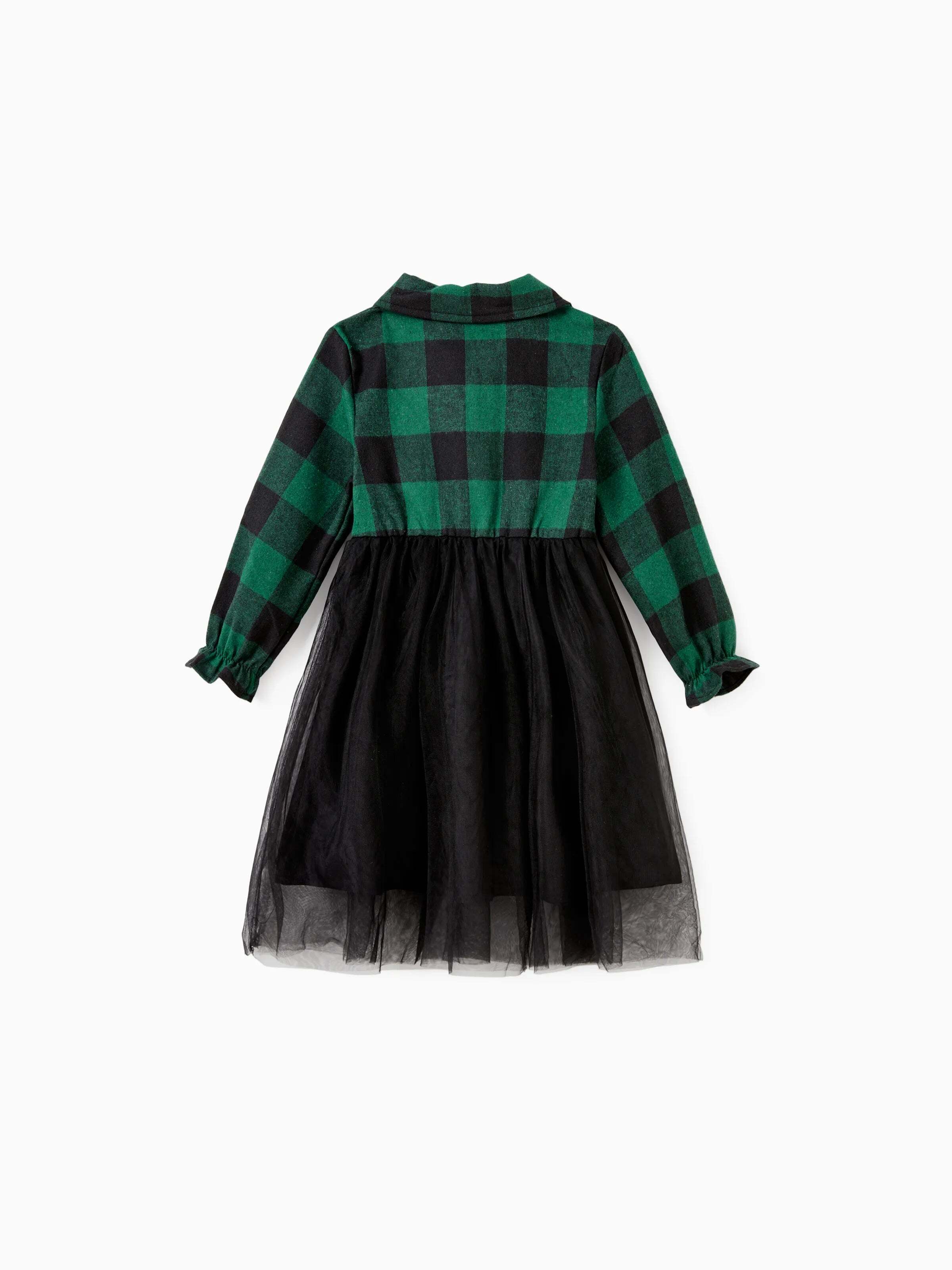 Family Matching Sets Green Plaid Long Sleeves Shirt or Tulle Mesh Dress DarkGreen