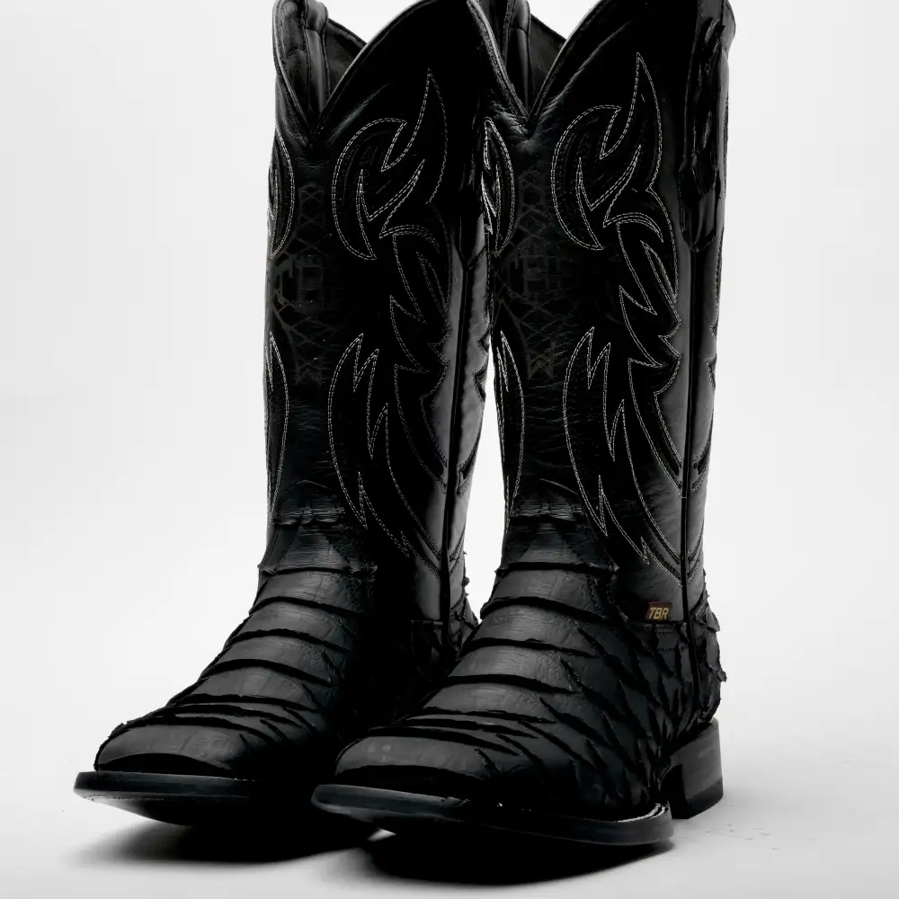 Black Jumbo Python Leather Boots - Square Toe