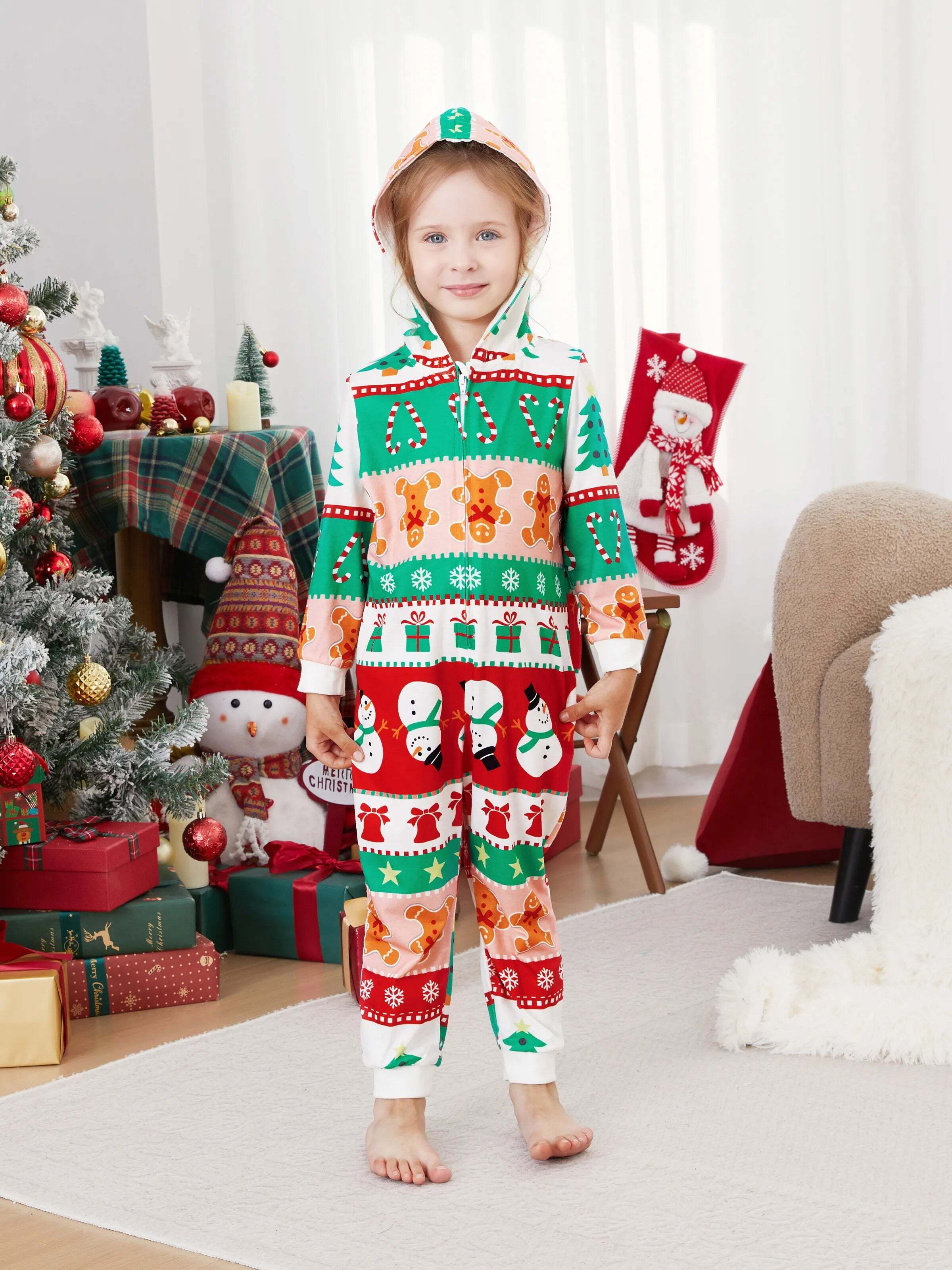 Onesies Pajamas Matching Christmas Outfits Allover Pattern Zipper Front Holly Jolly Print with Christmas Socks Back MultiColour
