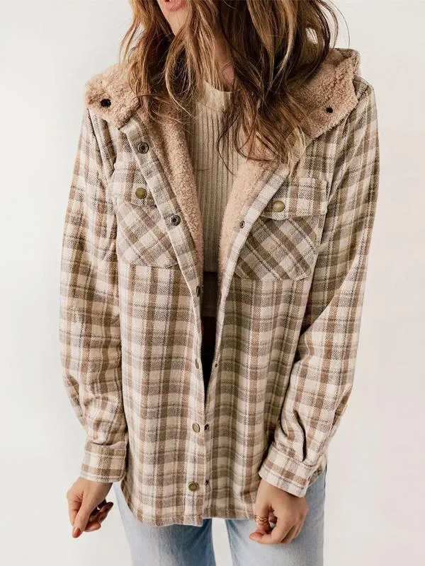 Women's Plaid / Houndstooth Print Button Front Hooded Coat