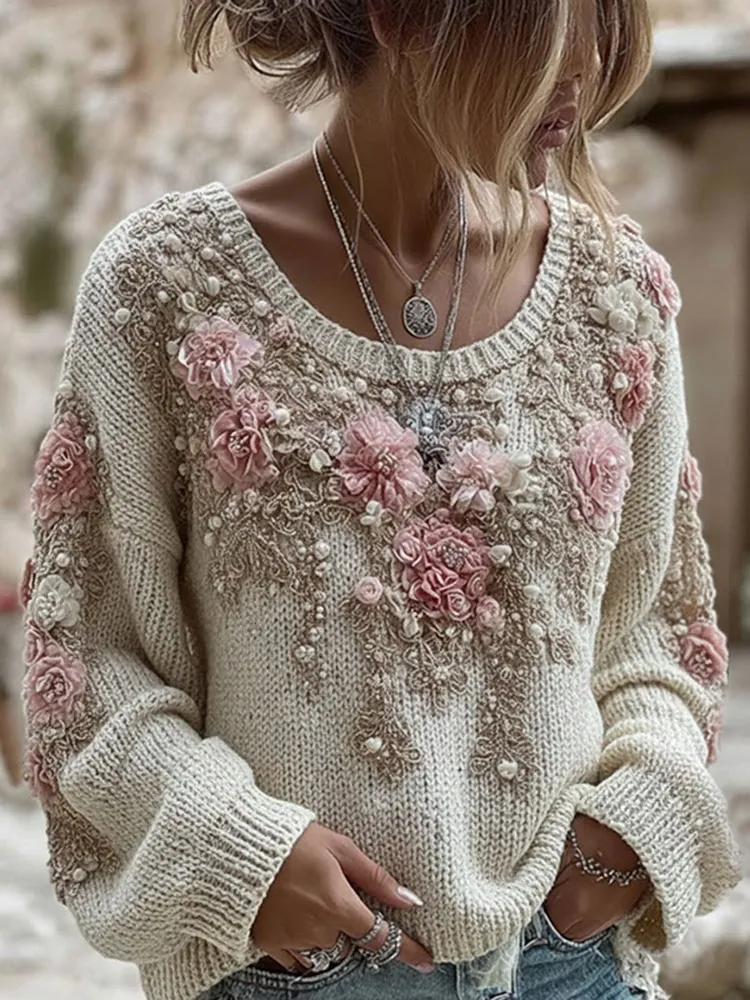 Women's Pink Floral Embroidery Art Knit Pullover Sweater
