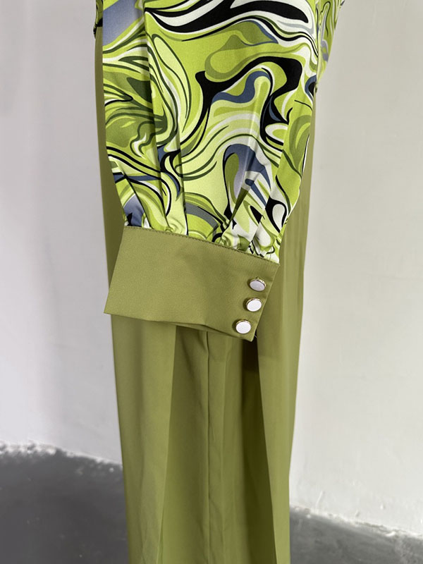 Printed Heaps Collar Long Sleeves Shirts Top + High Waisted Pants Bottom Two Pieces Set