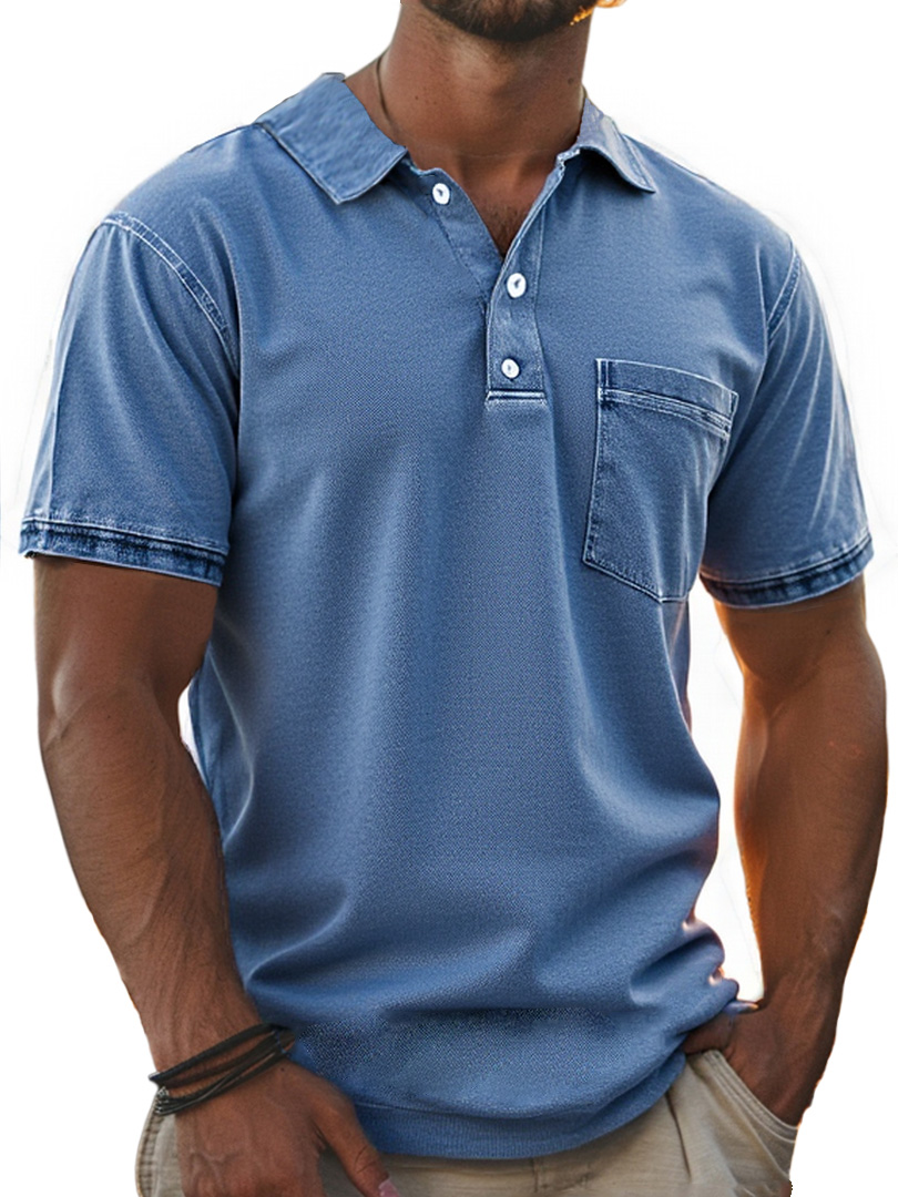 Men's Stylish Retro Pure Cotton Distressed Fabric Pocket Lapel Polo Shirt