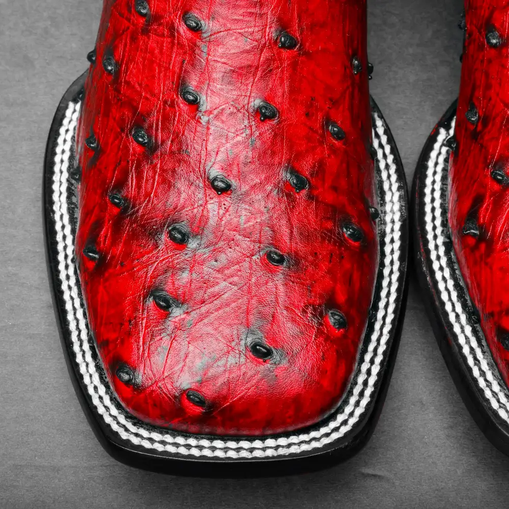 Black Cherry Ostrich Leather Boots - Square Toe