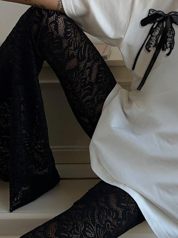 Lace See-Through High Waist Flared Pants In Black