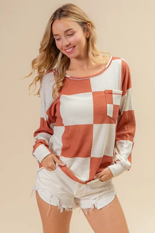 Checker Printed Hacci Top With Front Pocket