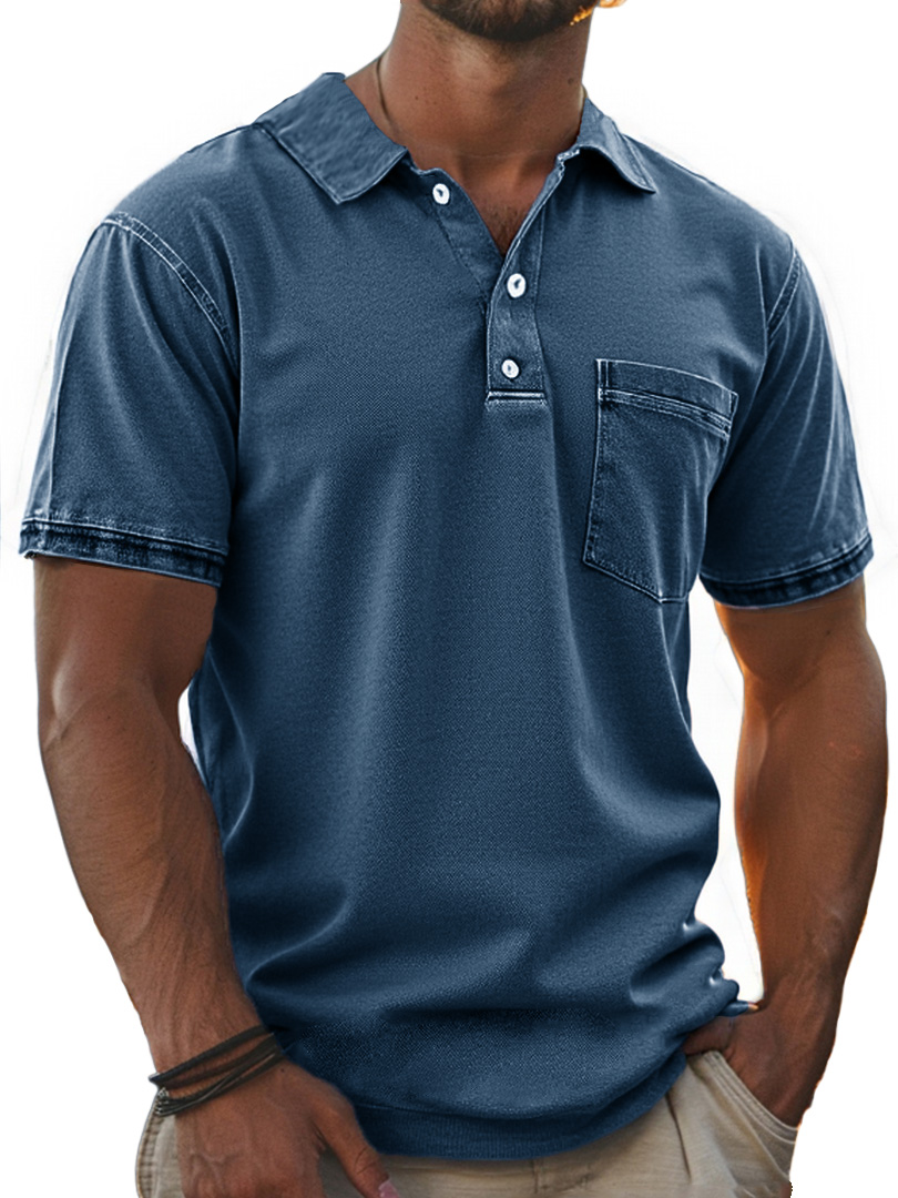 Men's Stylish Retro Pure Cotton Distressed Fabric Pocket Lapel Polo Shirt