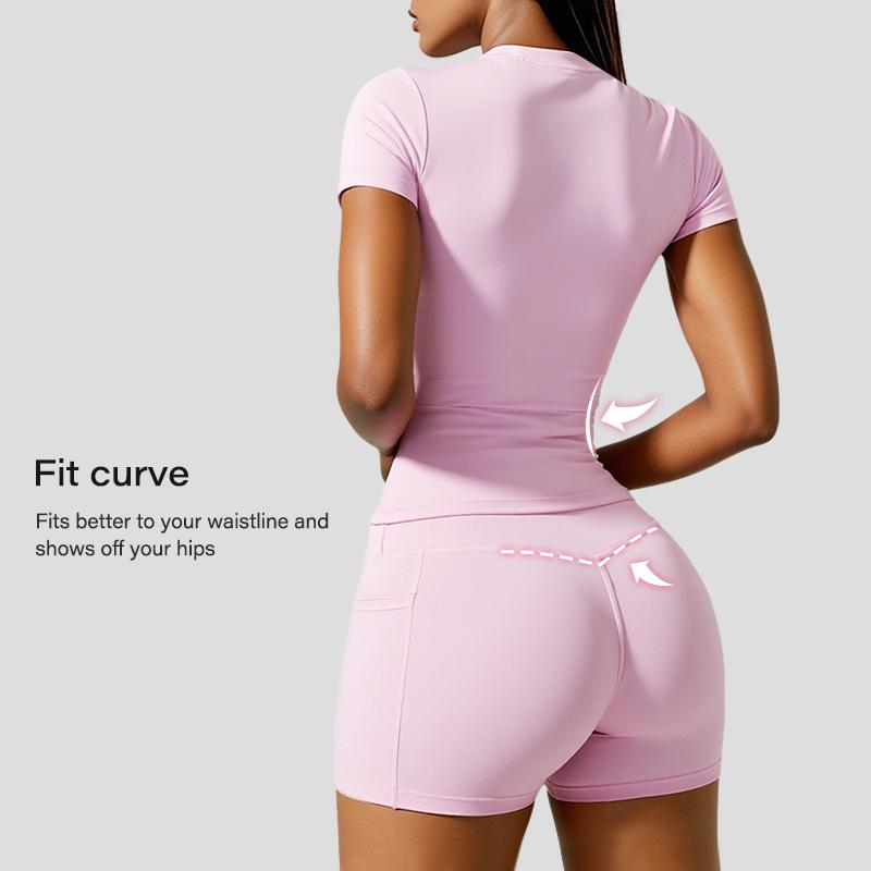 Women's two-piece set sports suit, round neck T-shirt and high waist shorts with pockets