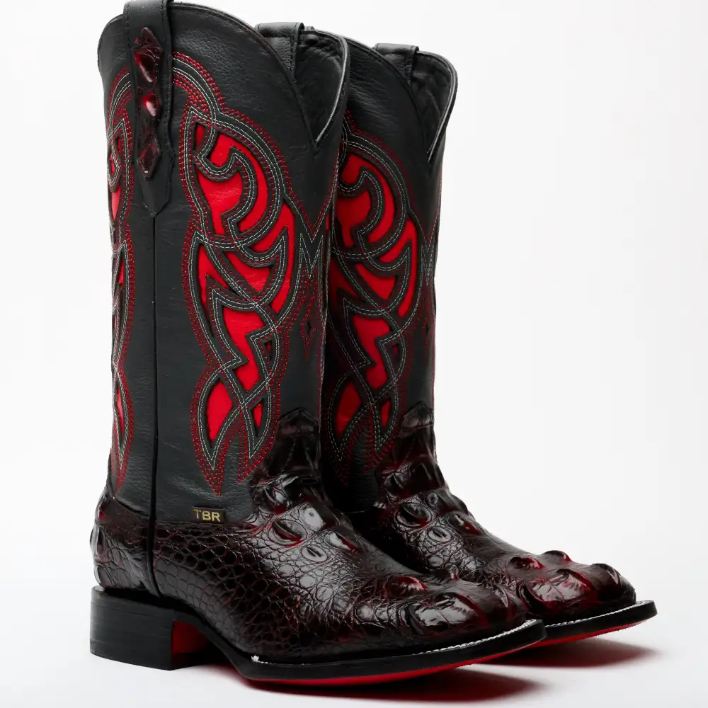 Black Cherry Giant Caiman Neck Leather Boots - Square Toe