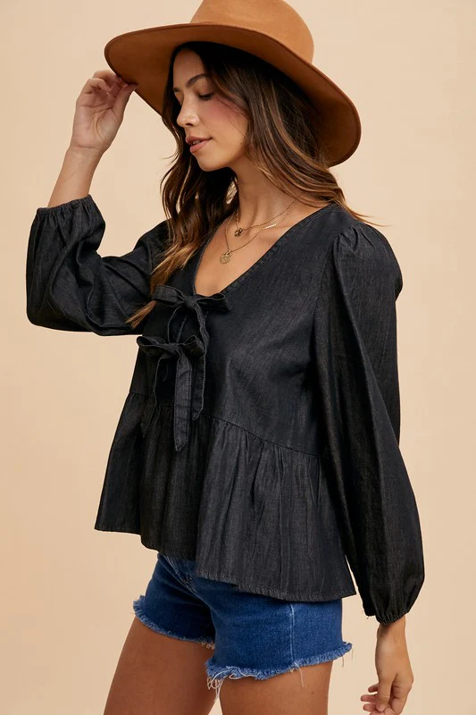 Wear Tie Front Peplum Long Sleeve Denim Top