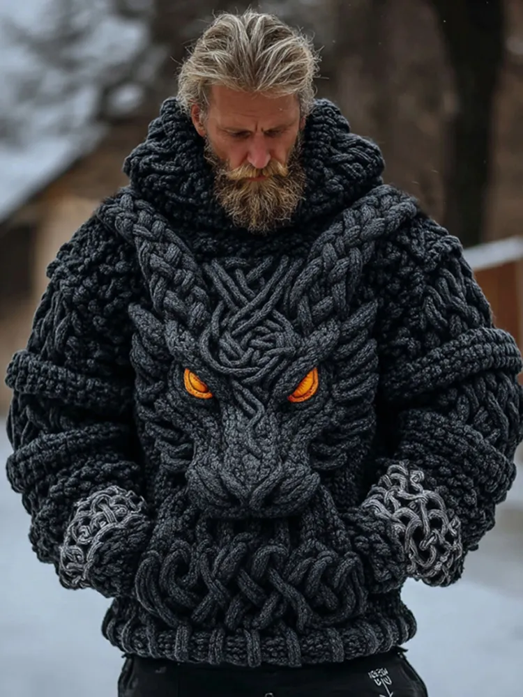 Men's Vintage Viking Dragon Celtic Knot Art Knit Hooded Sweater