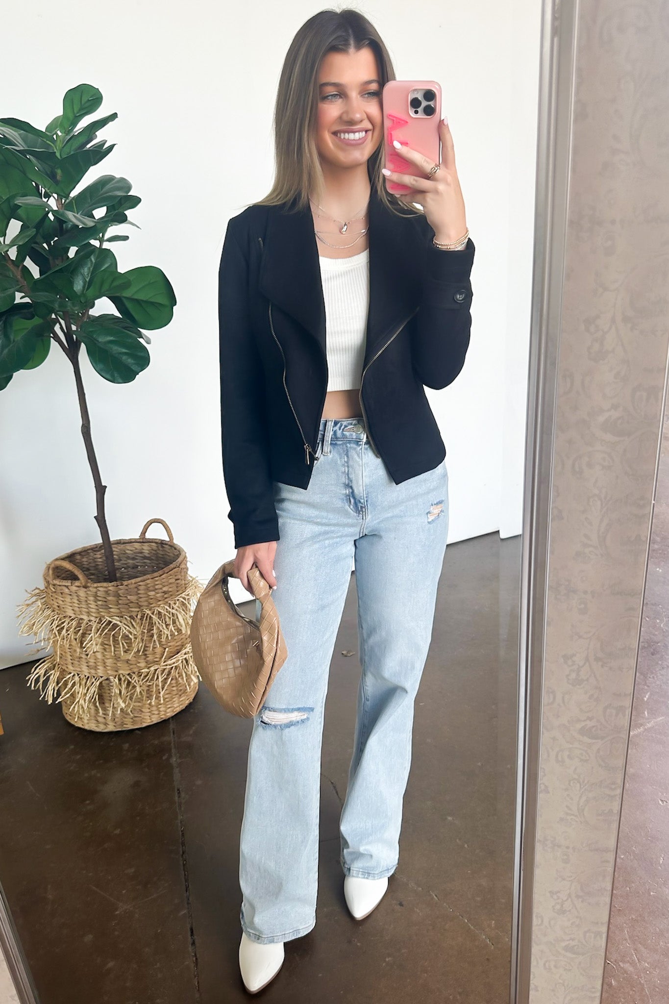 Faux Suede Zip Up Moto Jacket