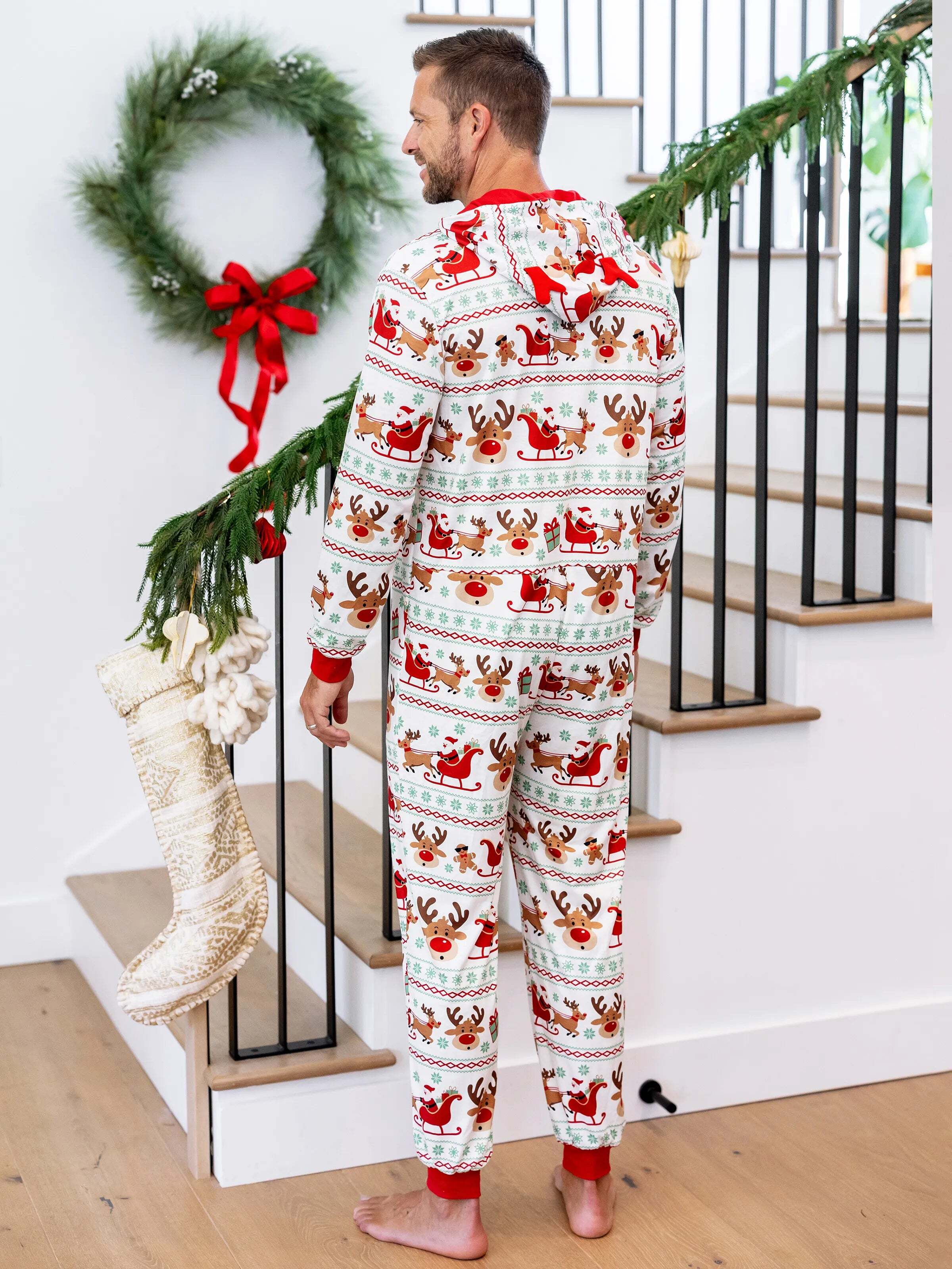 Christmas Onesies Matching Family Pajamas Set Reindeer Print Long-sleeve PJS with Christmas Socks Red